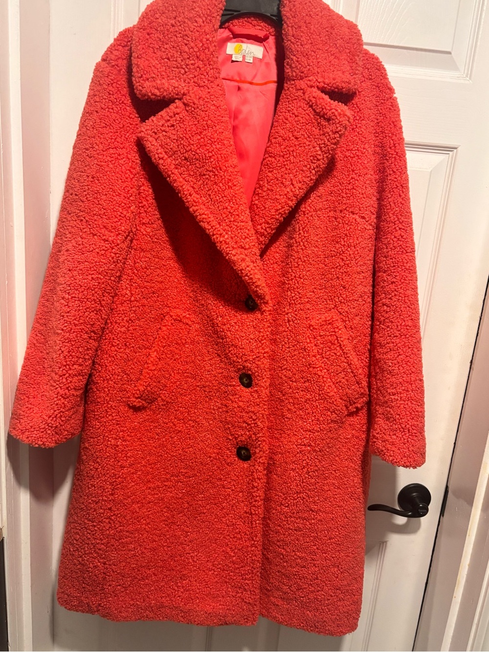 Boden Coral Teddy Coat with Notch Collar